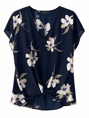 West Kei Navy Floral V-Neck Twist-Front Blouse